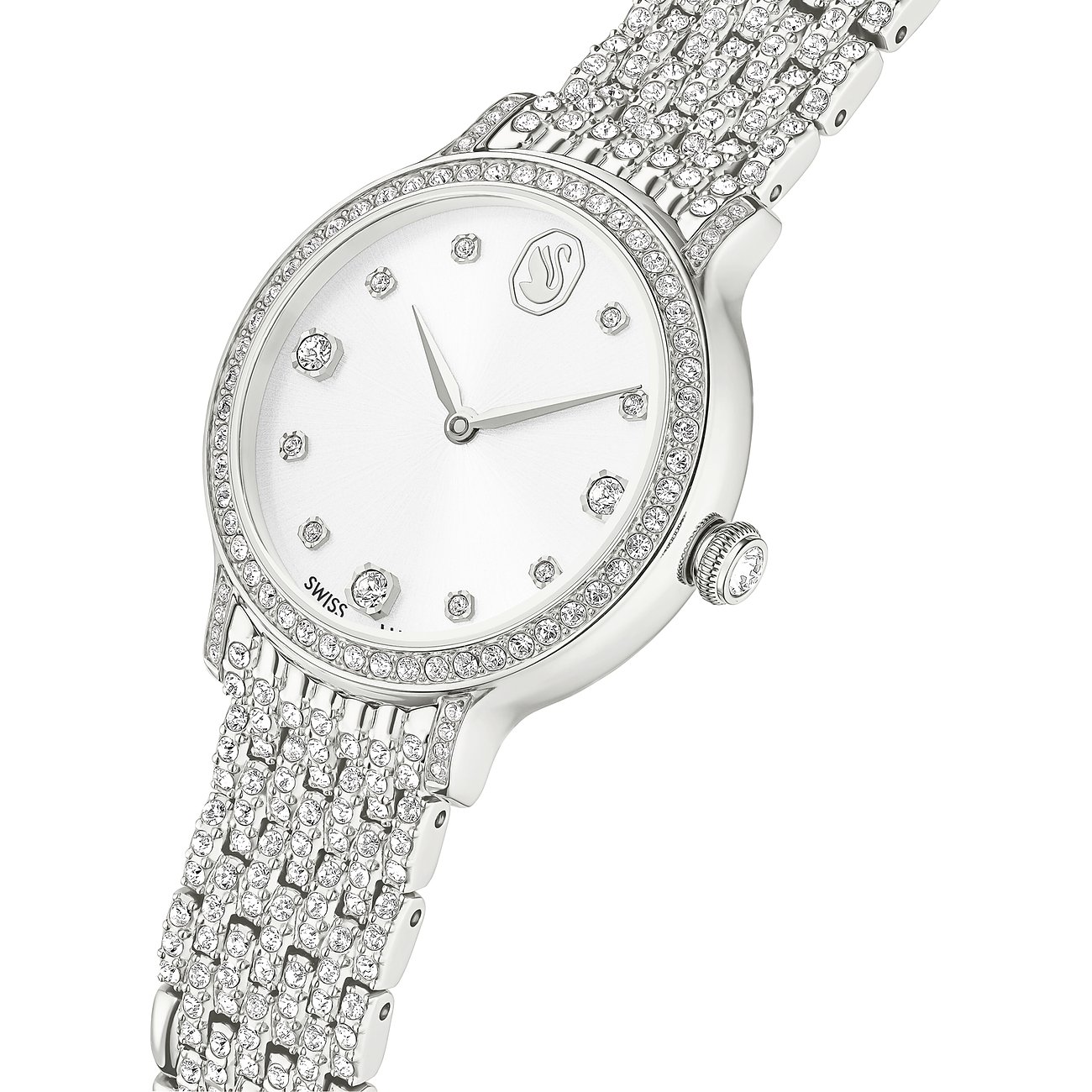 Nahaufnahme einer Swarovski Quarzuhr aus Edelstahl mit glänzendem Armband und einem Zifferblatt mit Swarovski-Kristallen.