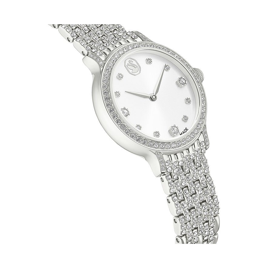 Swarovski Unisexuhr aus Edelstahl, besetzt mit vielen Swarovski-Kristallen auf dem Zifferblatt und Armband.