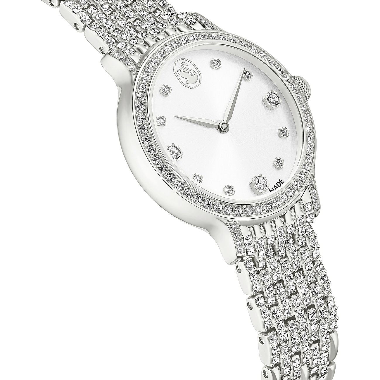 Swarovski Unisexuhr aus Edelstahl, besetzt mit vielen Swarovski-Kristallen auf dem Zifferblatt und Armband.