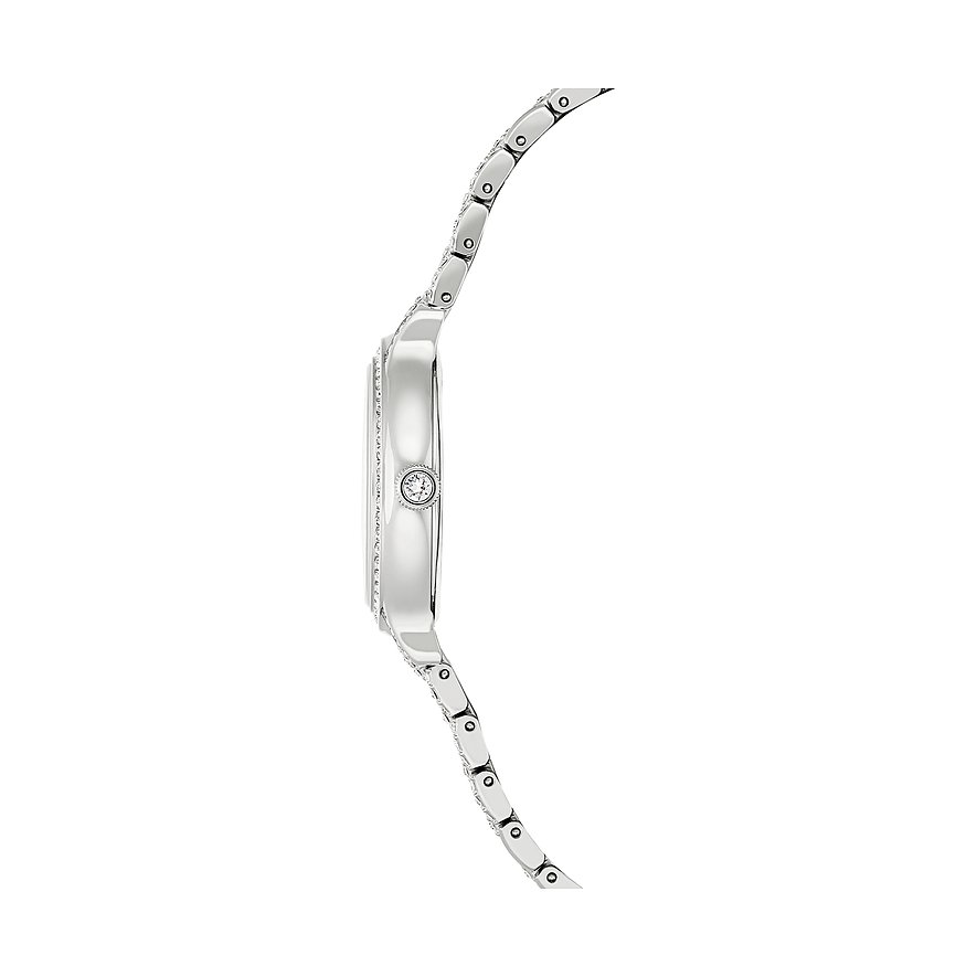 Seitenansicht einer Swarovski Damenuhr aus Edelstahl mit Swarovski-Kristallen besetzt