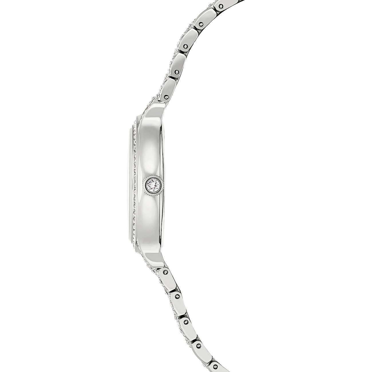 Seitenansicht einer Swarovski Damenuhr aus Edelstahl mit Swarovski-Kristallen besetzt