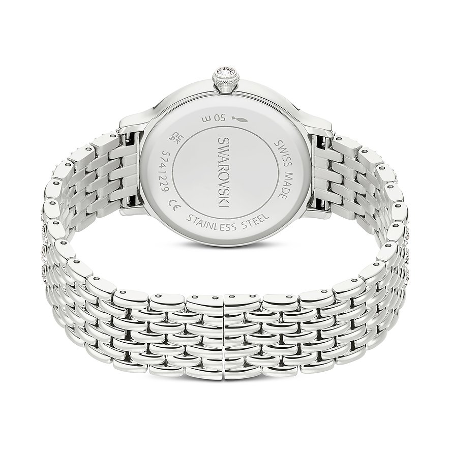 Die Rückseite einer Swarovski Unisexuhr aus Edelstahl mit farbigen Swarovski-Kristallen und Swiss Made Gravur.