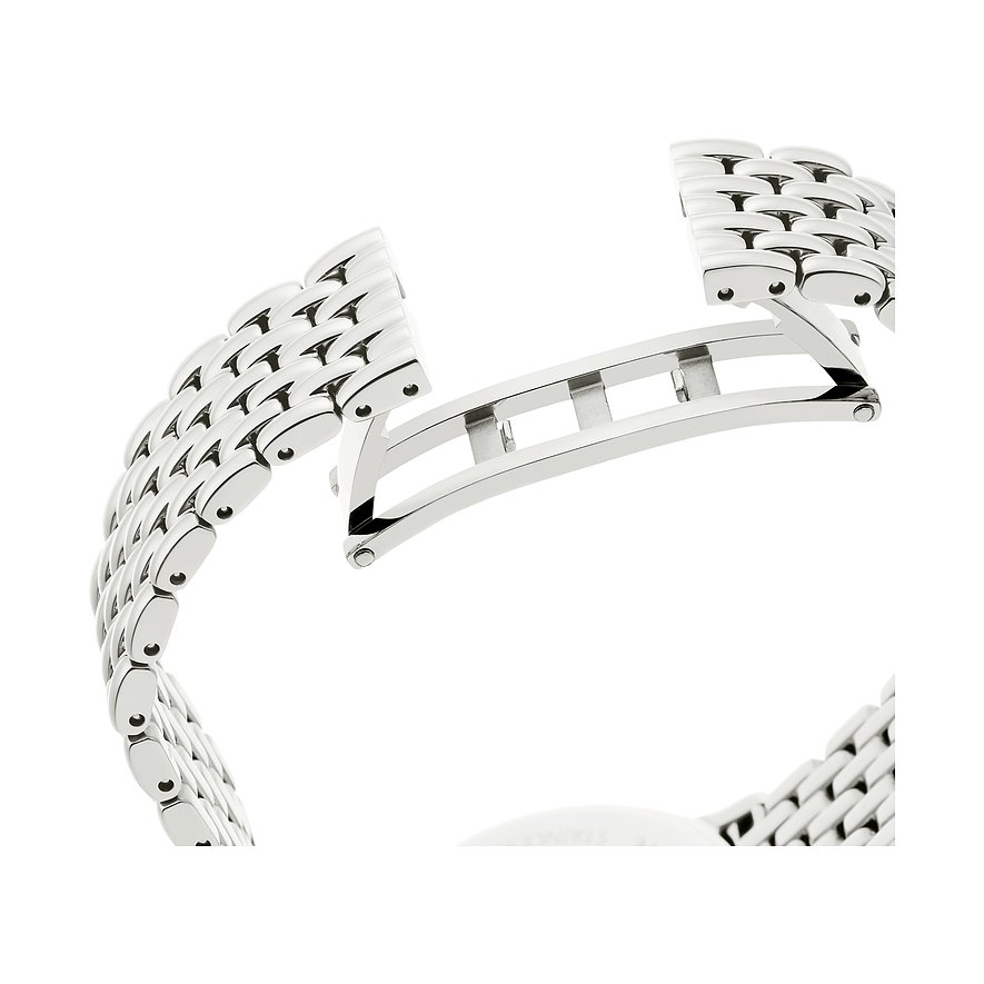 Nahaufnahme einer luxuriösen, silberfarbenen Swarovski Unisexuhr aus Edelstahl, die geöffnet ist.