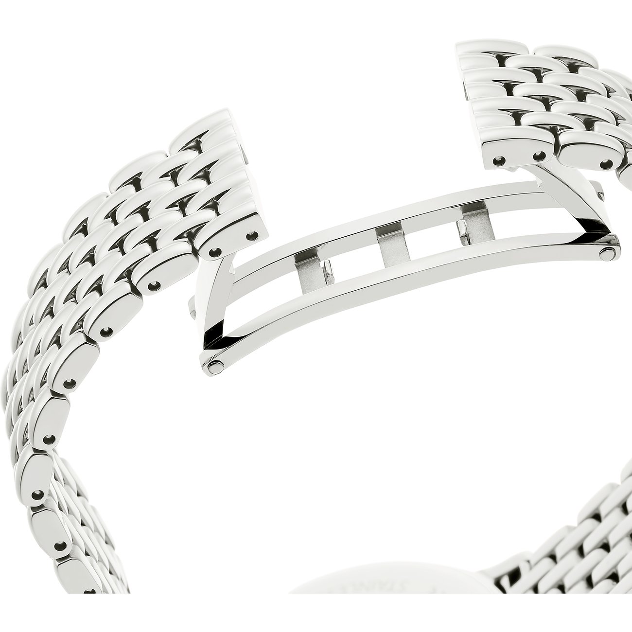 Nahaufnahme einer luxuriösen, silberfarbenen Swarovski Unisexuhr aus Edelstahl, die geöffnet ist.