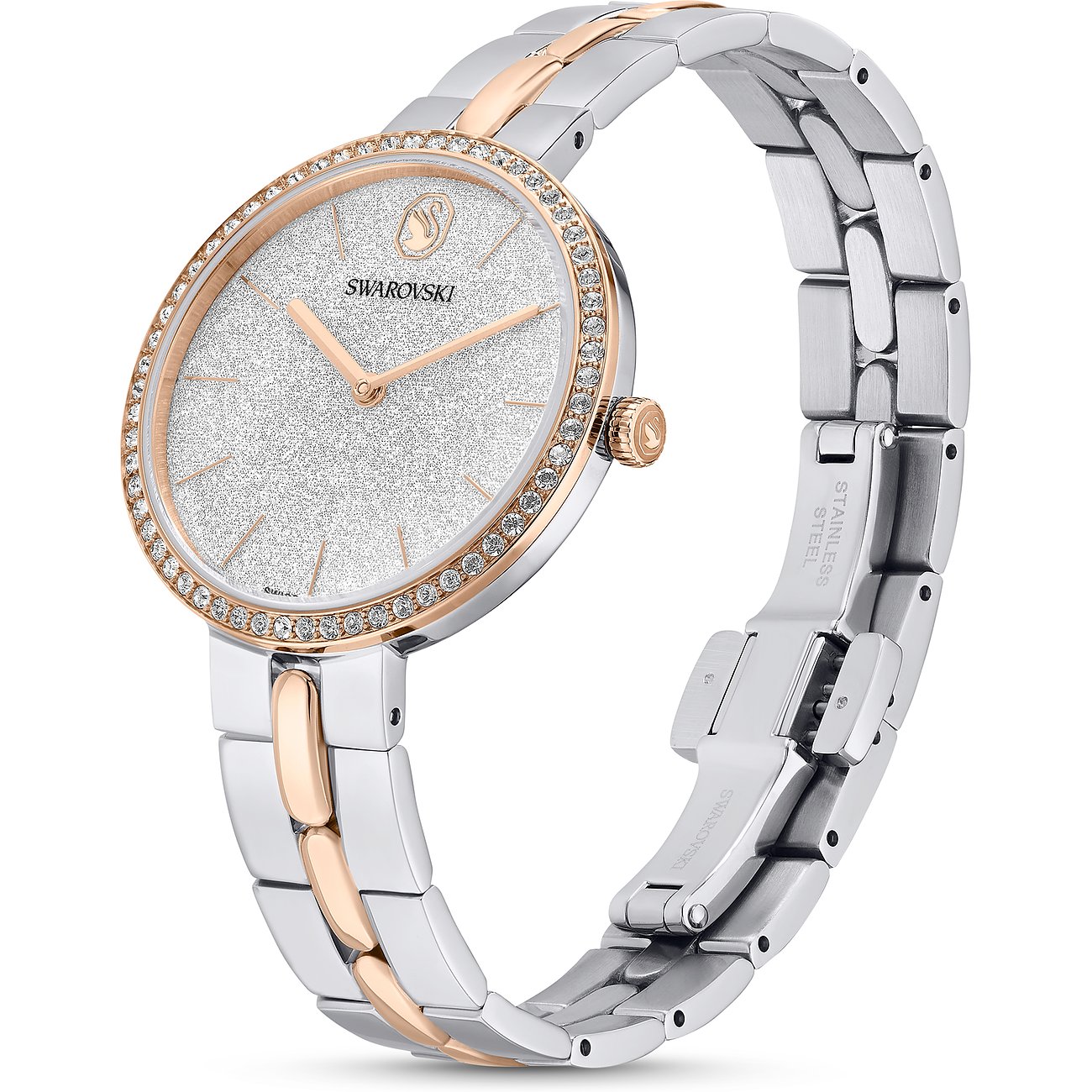 Swarovski Damenuhr: Edelstahl, zweifarbiges Gliederarmband, glitzerndes Kristall-Zifferblatt, roségoldene Lünette mit Farbsteinen.