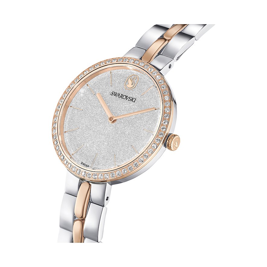 Swarovski Damenuhr: polierter Edelstahl in Silbergrau & Roségold, glitzerndes Zifferblatt, Kristalle.