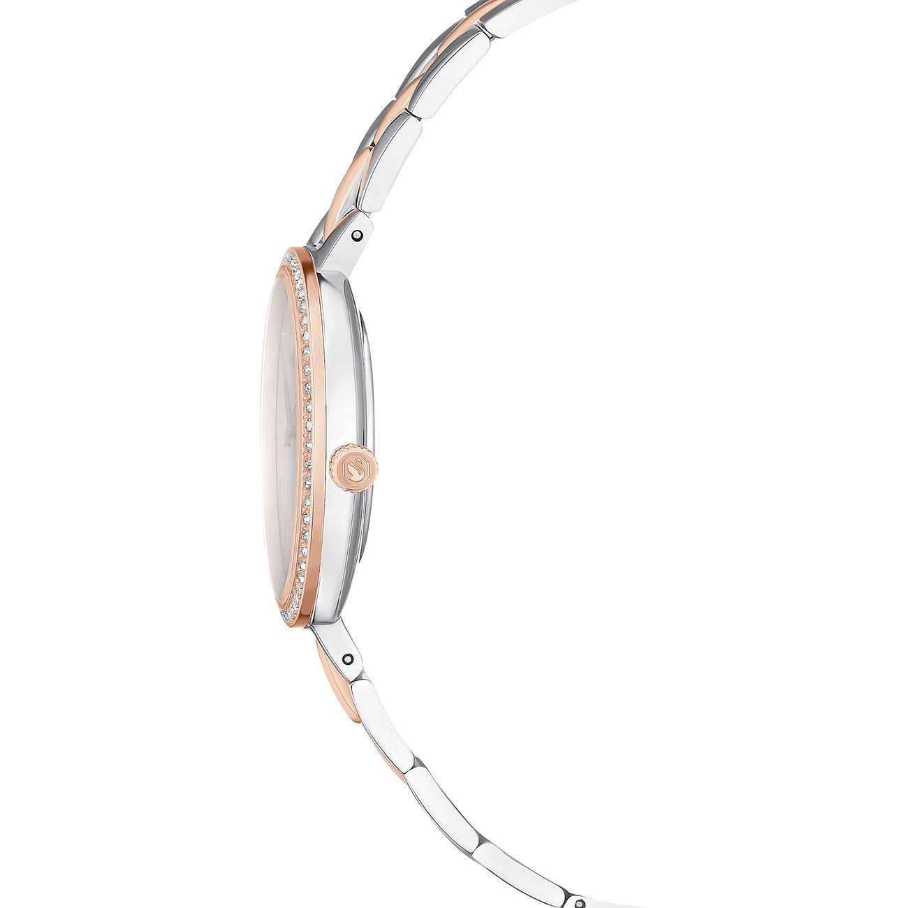 Seitenansicht einer Swarovski Damenuhr aus Edelstahl mit roségoldfarbenem Gehäuse und Swarovski-Kristallen.