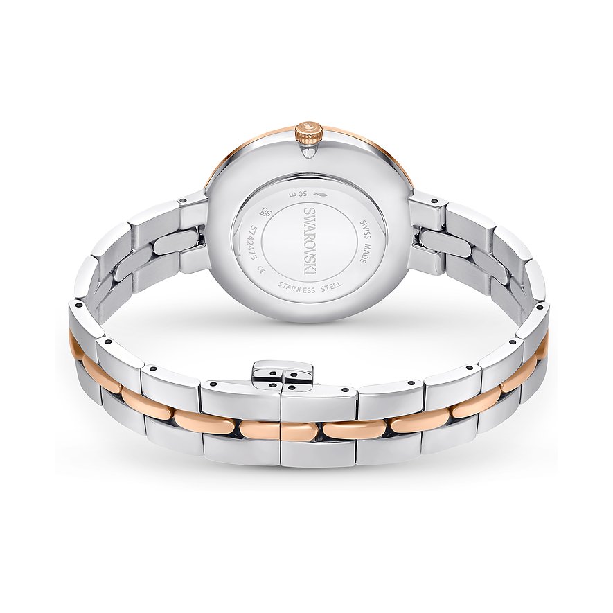 Rückansicht der Swarovski Unisexuhr aus Edelstahl, zeigt das markante runde Gehäuse und das detaillierte Armband.