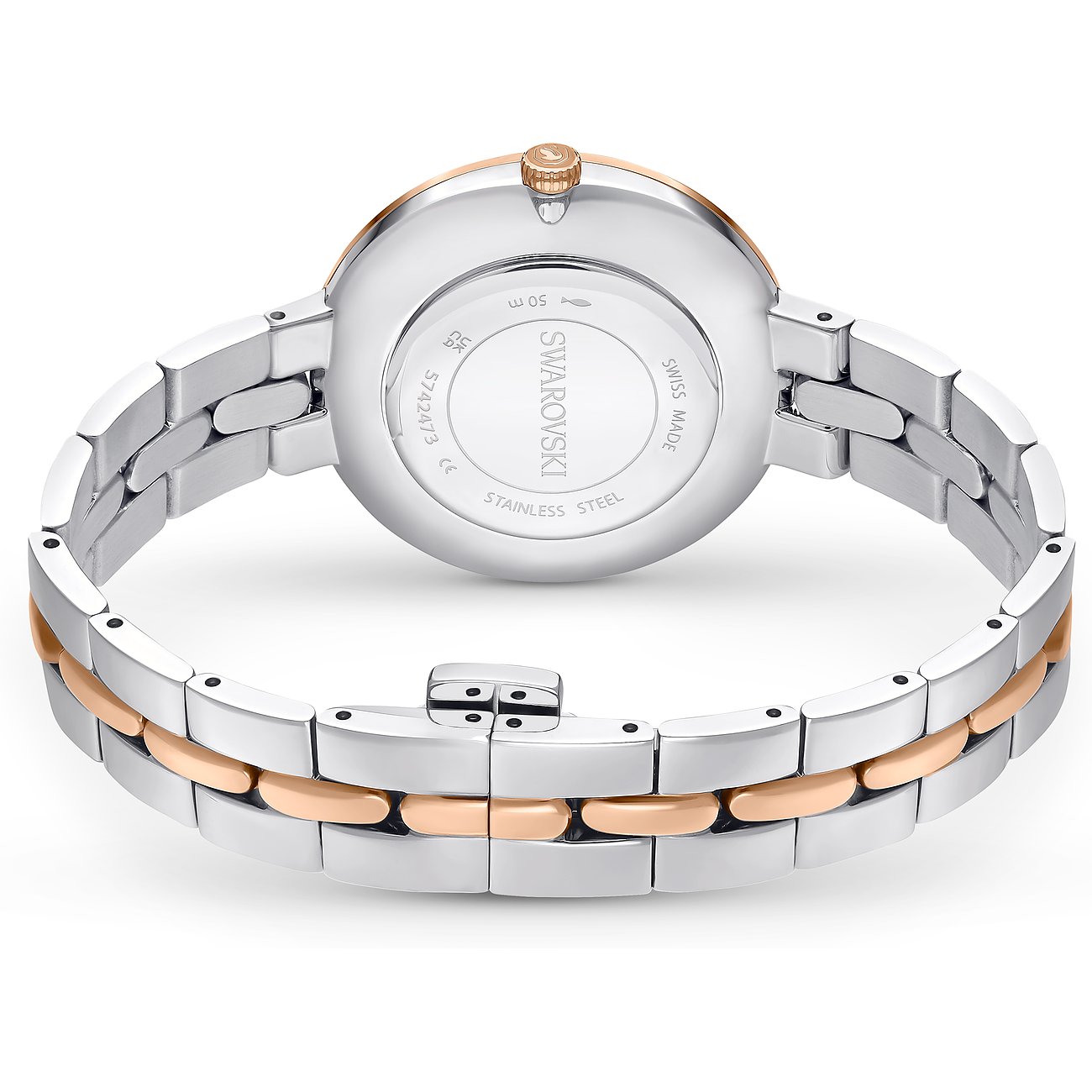 Rückansicht der Swarovski Unisexuhr aus Edelstahl, zeigt das markante runde Gehäuse und das detaillierte Armband.