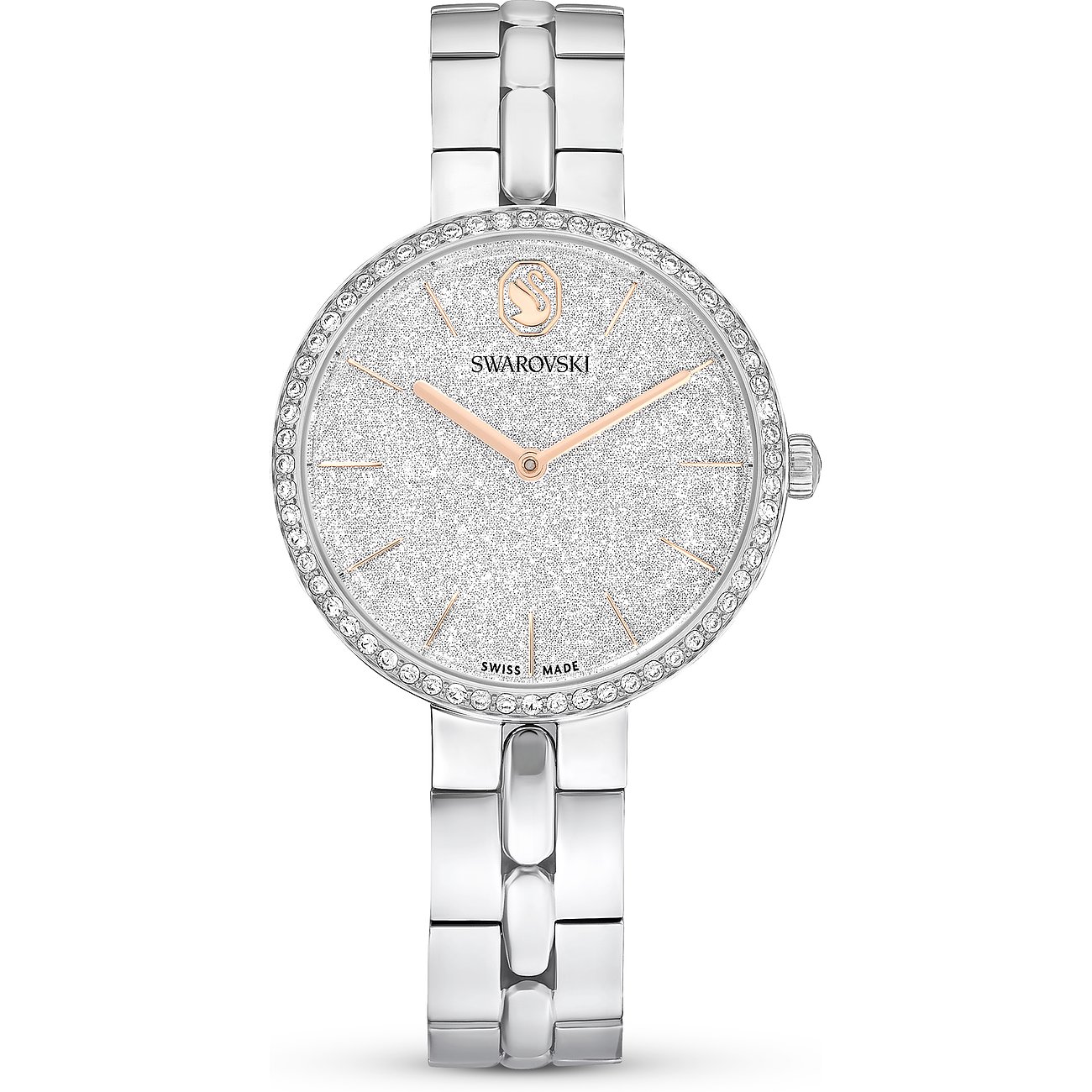 Swarovski Unisexuhr aus Edelstahl mit glitzerndem Zifferblatt und umlaufenden Swarovski-Kristallen