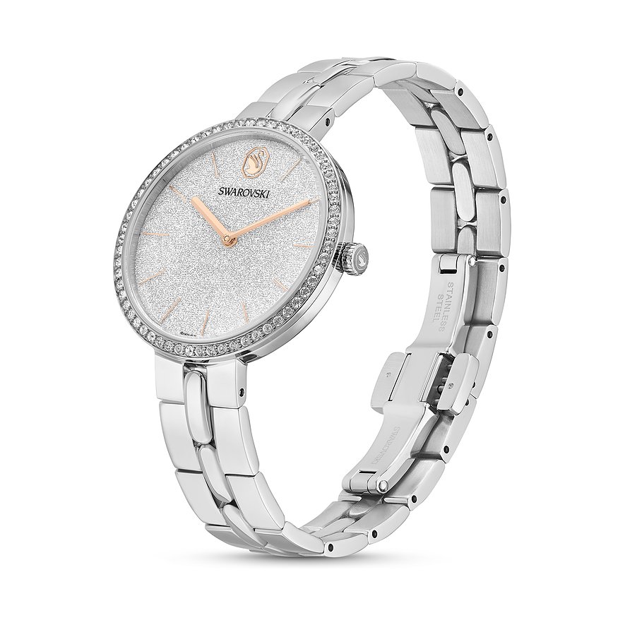 Swarovski Unisexuhr aus Edelstahl mit glitzerndem Zifferblatt und roségoldenen Details, besetzt mit Swarovski-Kristallen.