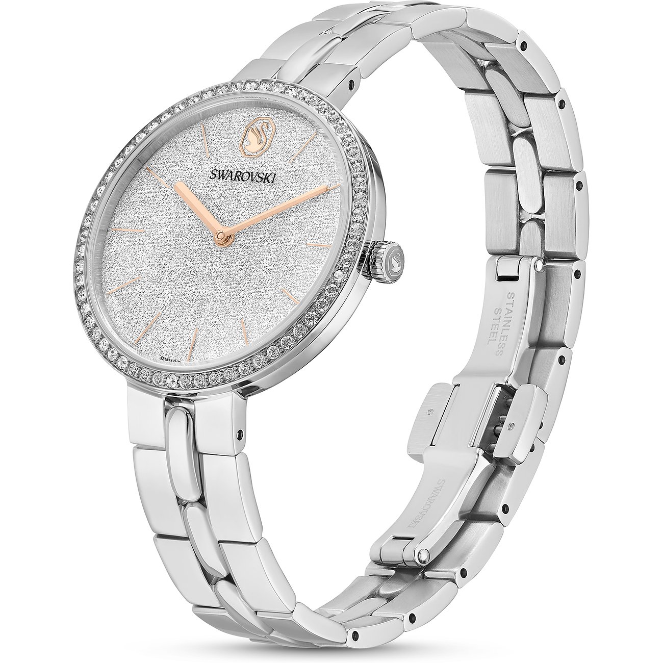 Swarovski Unisexuhr aus Edelstahl mit glitzerndem Zifferblatt und roségoldenen Details, besetzt mit Swarovski-Kristallen.