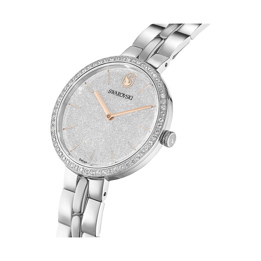 Swarovski Unisex-Edelstahluhr mit silbernem Zifferblatt, roségoldenen Zeigern und Swarovski-Kristallen.