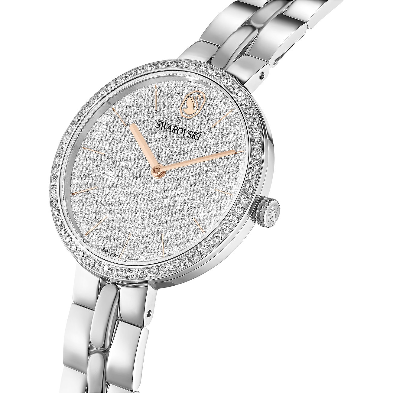 Swarovski Unisex-Edelstahluhr mit silbernem Zifferblatt, roségoldenen Zeigern und Swarovski-Kristallen.