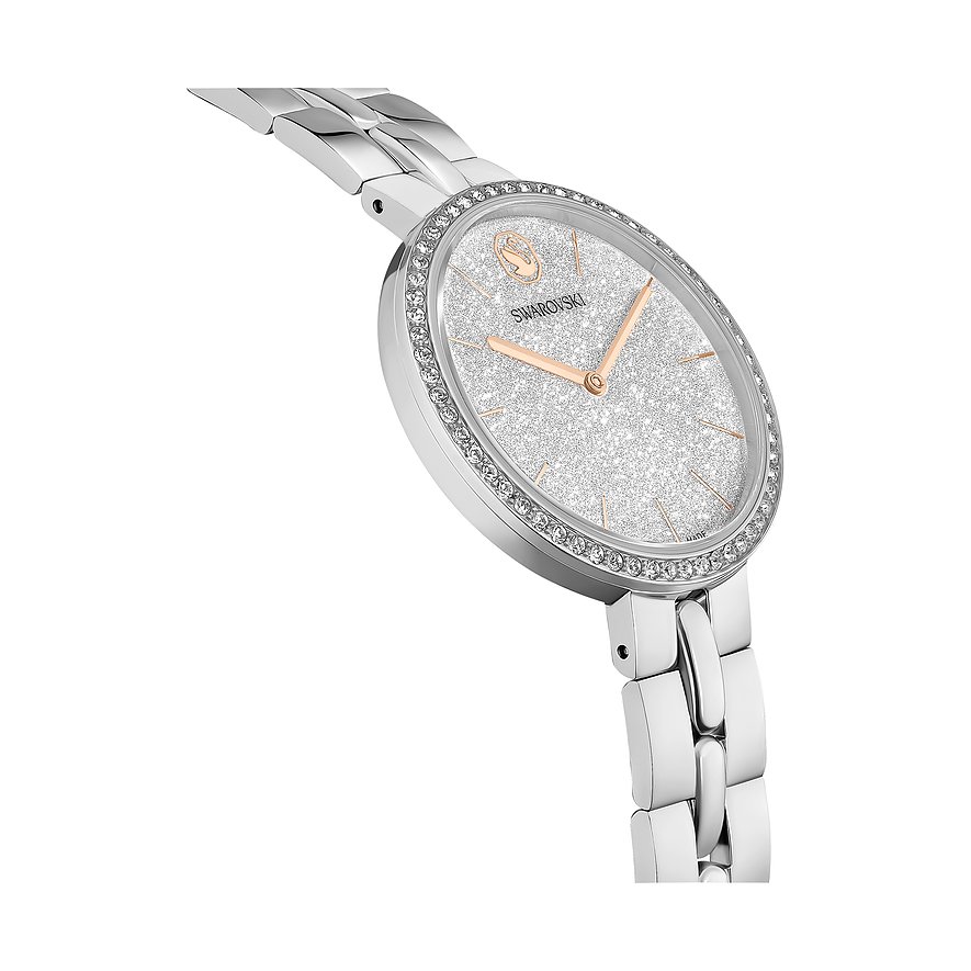 Swarovski Unisexuhr aus Edelstahl mit glitzerndem silbernem Zifferblatt und Swarovski-Kristall-Besatz an der Lünette.