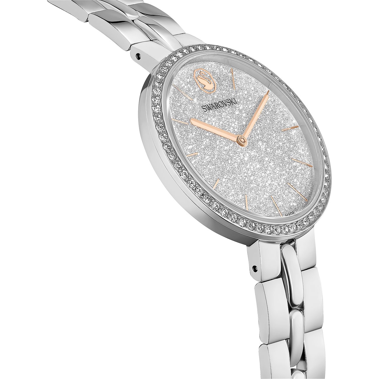 Swarovski Unisexuhr aus Edelstahl mit glitzerndem silbernem Zifferblatt und Swarovski-Kristall-Besatz an der Lünette.