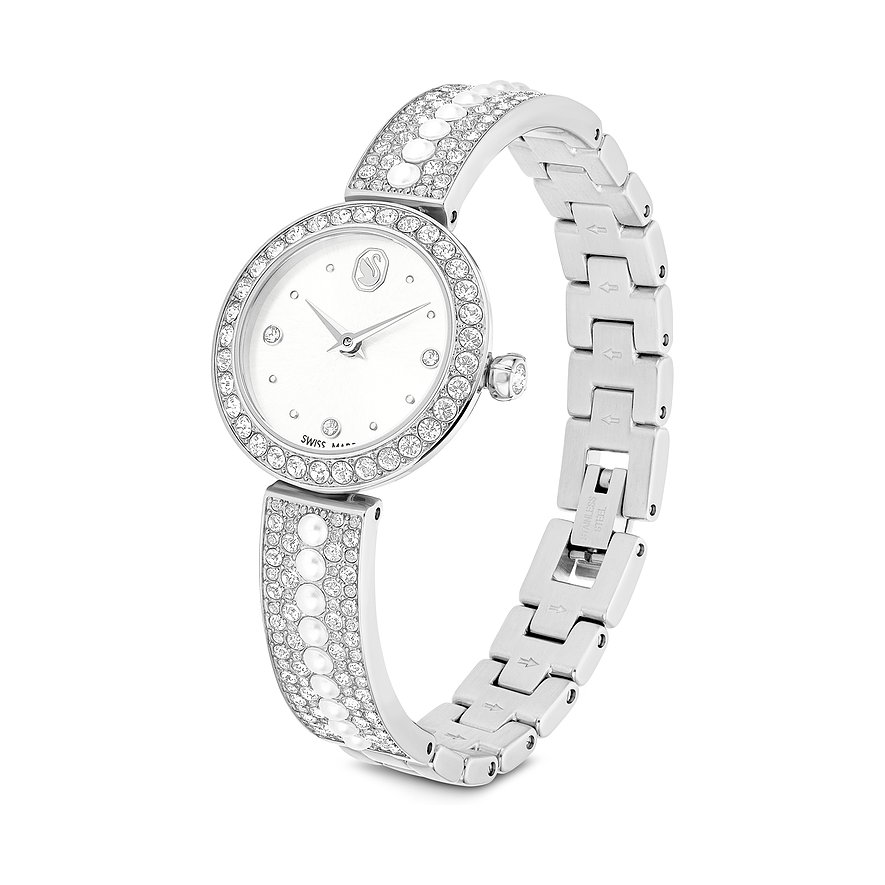 Swarovski Unisexuhr aus Edelstahl mit rundem Zifferblatt, umgeben von Swarovski-Kristallen und Perlen. Armband verziert.