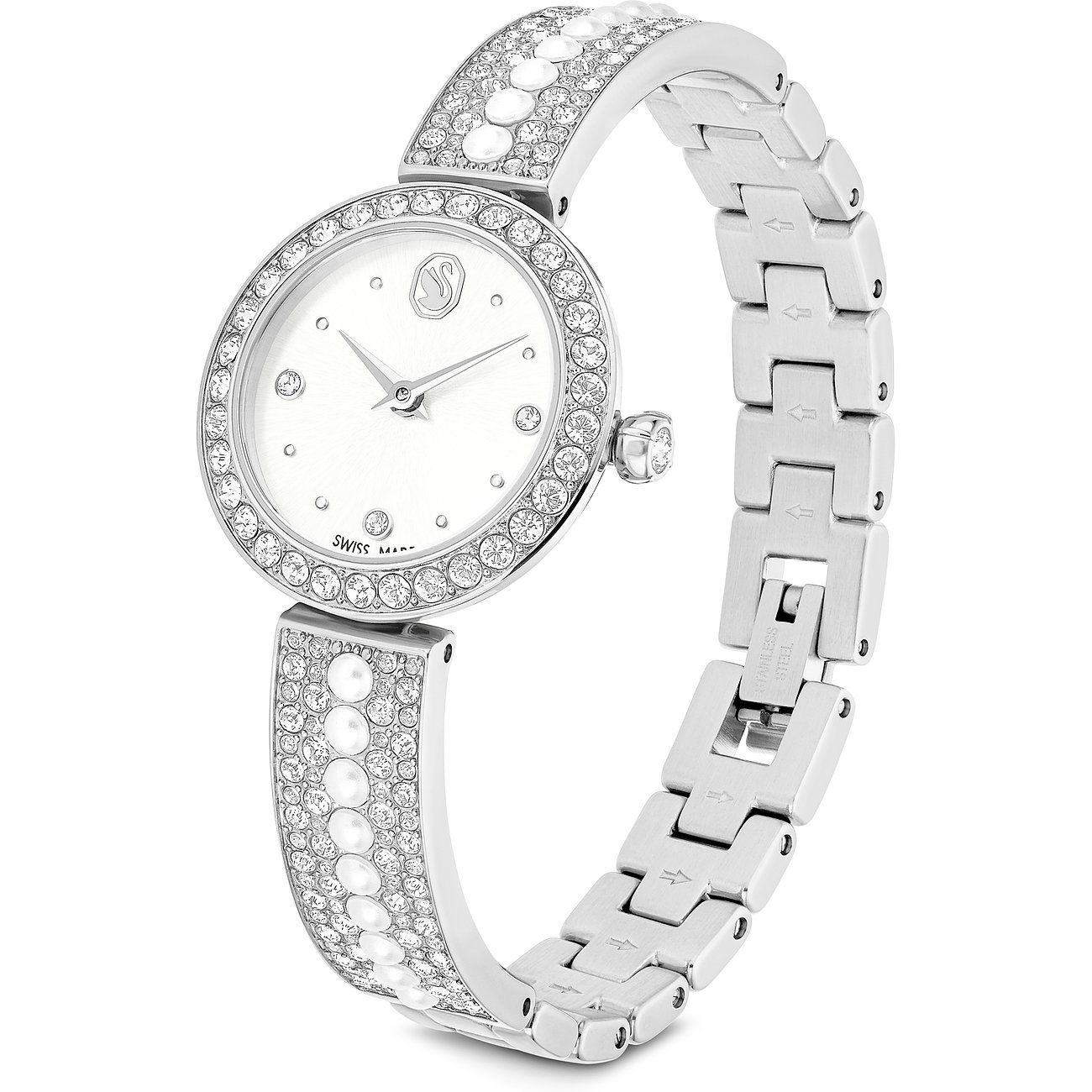 Swarovski Unisexuhr aus Edelstahl mit rundem Zifferblatt, umgeben von Swarovski-Kristallen und Perlen. Armband verziert.