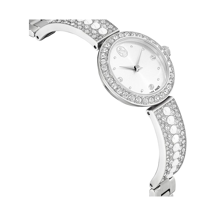 Swarovski Unisexuhr aus Edelstahl mit Swarovski-Kristallen in Silber und kleinen runden Perlen.