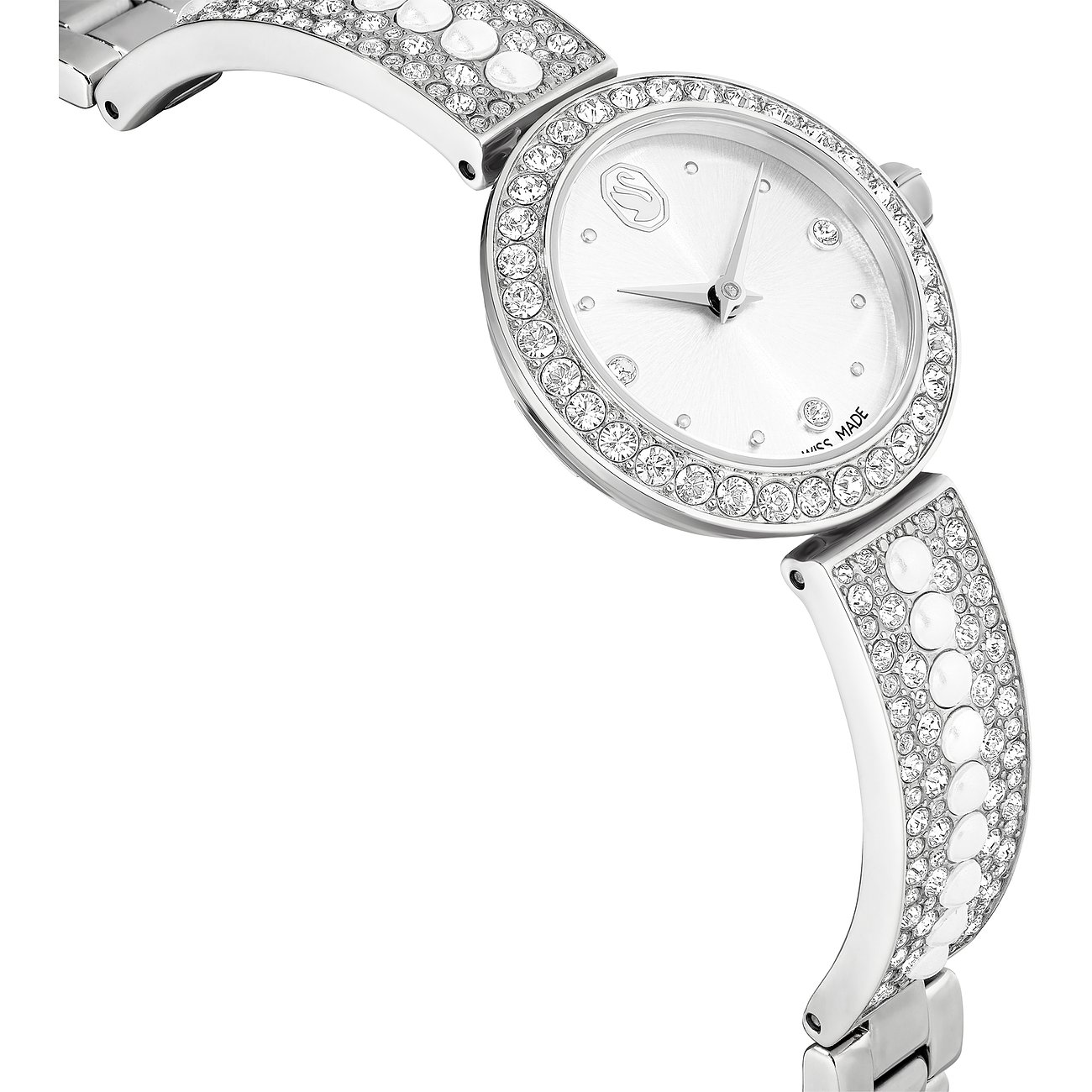 Swarovski Unisexuhr aus Edelstahl mit Swarovski-Kristallen in Silber und kleinen runden Perlen.