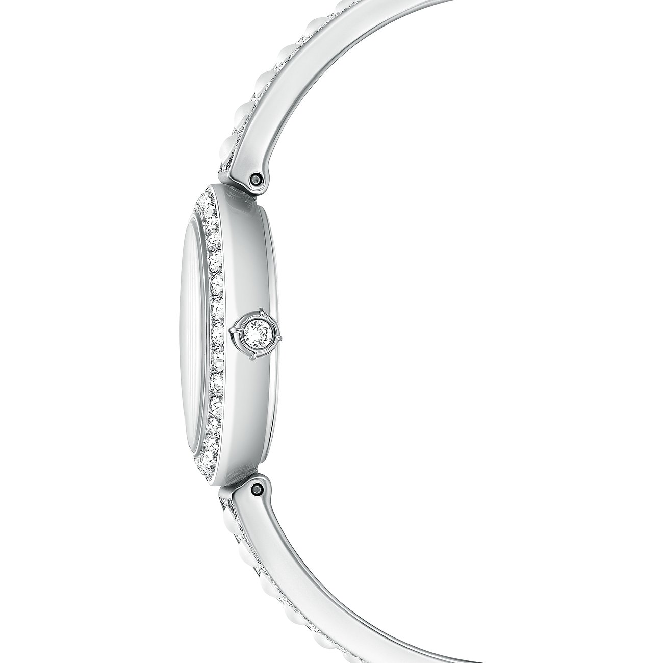 Seitenansicht der Swarovski Quarzuhr aus Edelstahl mit Swarovski-Kristallen und einer Krone mit Farbstein.