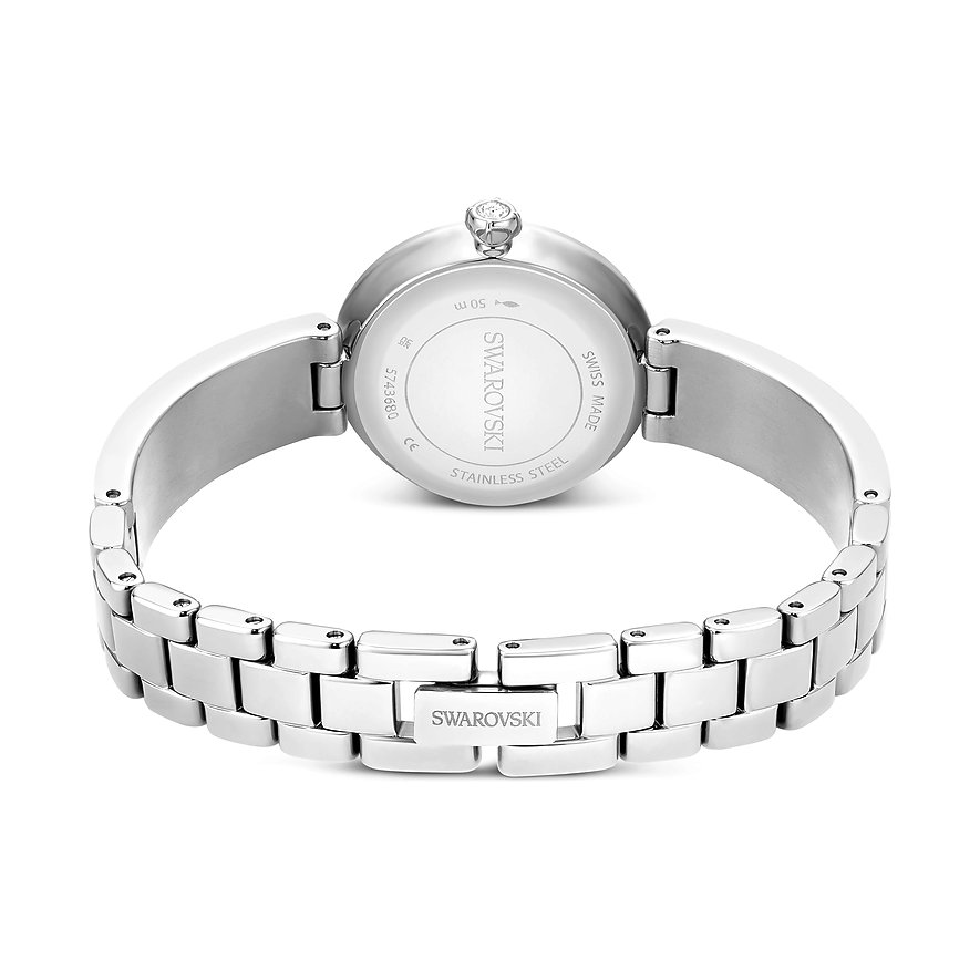 Rückansicht der silberfarbenen Swarovski Unisexuhr aus Edelstahl mit farbigem Swarovski-Kristall und Logo auf der Schließe.