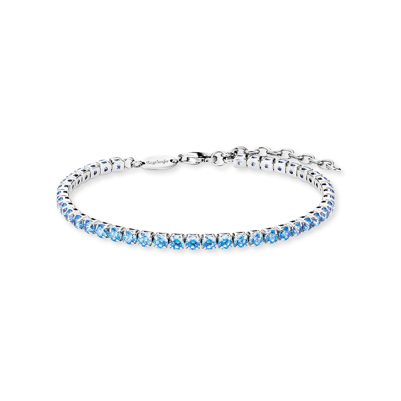 Engelsrufer Armschmuck aus 925er Silber mit blauen Zirkonia Steinen, auf weißem Hintergrund.