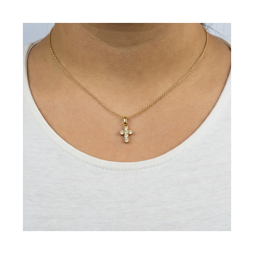 Engelsrufer Kreuzanhänger aus vergoldetem Silber mit Zirkonia-Farbsteinen an einer schlichten Kette.