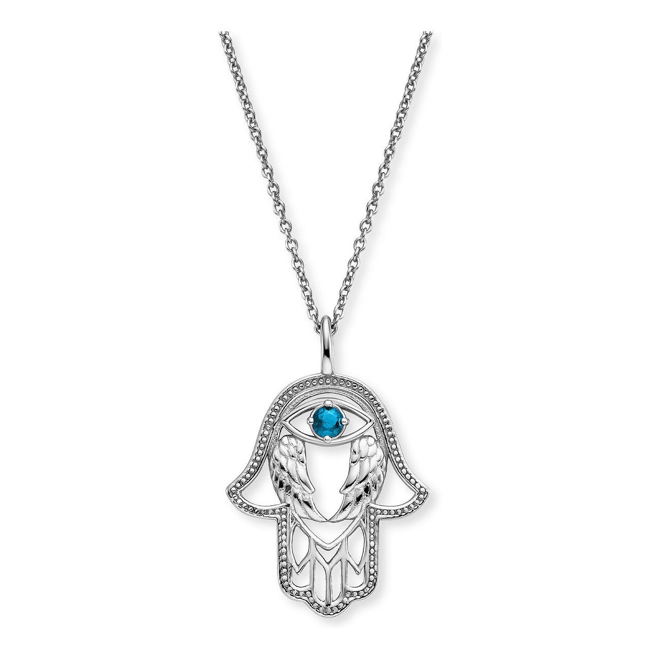 Engelsrufer Halsschmuck aus Silber mit einem Anhänger in Hamsa-Form. Er ist mit einem blauen Zirkonia verziert.
