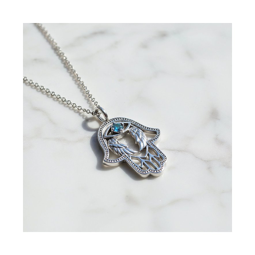 Engelsrufer Fatima Hand Kette aus Sterling Silber mit einem blauen Zirkonia und Engelsflügel-Design.