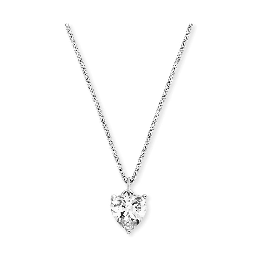 Engelsrufer Halsschmuck mit einem herzförmigen Zirkonia in 925er Silber von vorne, Kette und Anhänger glänzen.