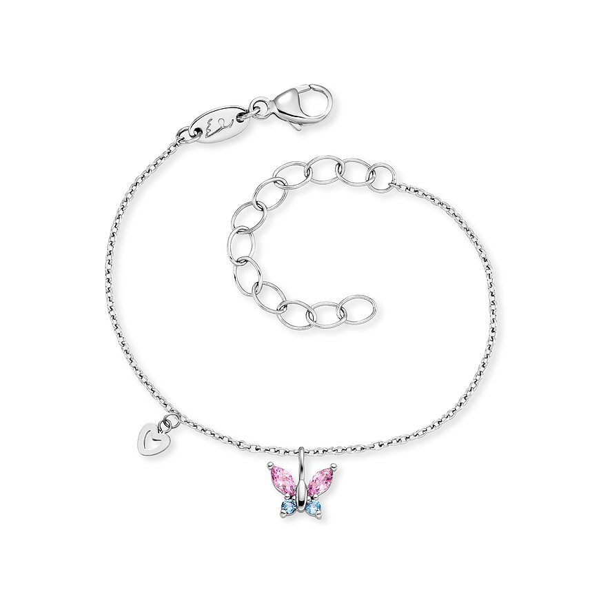 Engelsrufer armband i rostfritt stål med rosa och blå zirkonia färgade stenar i fjärilsform.