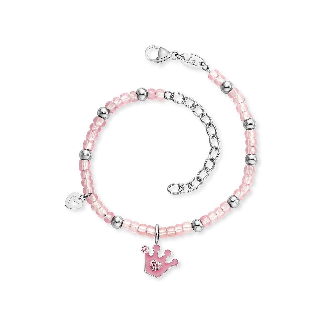 Engelsrufer armband van RVS en glaskralen met een roze geëmailleerde kroonhanger en een klein hartje.