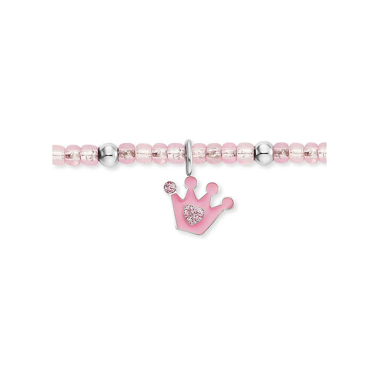 Engelsrufer armband met roze glaskralen en een rosé roestvrijstalen kroon-hart bedel.