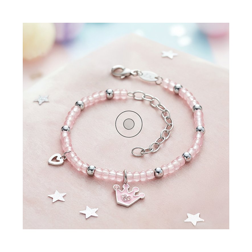 Engelsrufer armband van RVS en glas m. roze parels, zilveren kralen en een roze kroonhanger.