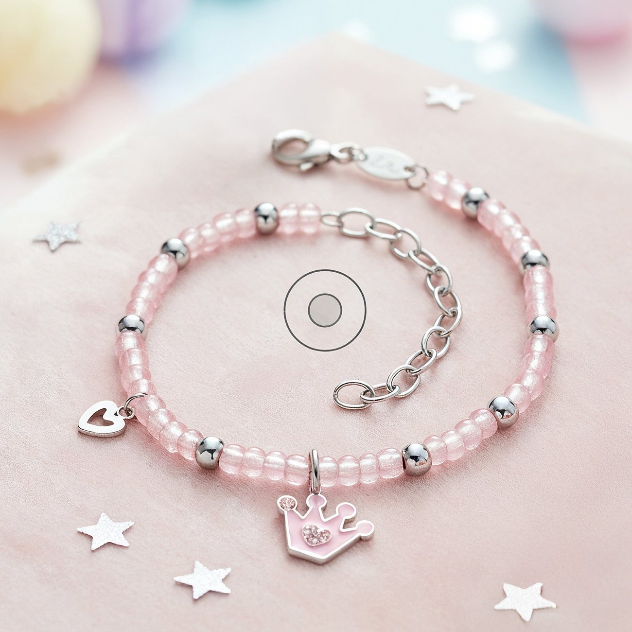 Engelsrufer armband van RVS en glas m. roze parels, zilveren kralen en een roze kroonhanger.