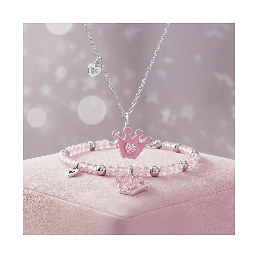 Engelsrufer sieradenset: Halsketting & armband van glanzend RVS & roze email. Kroon- & hartbedels.