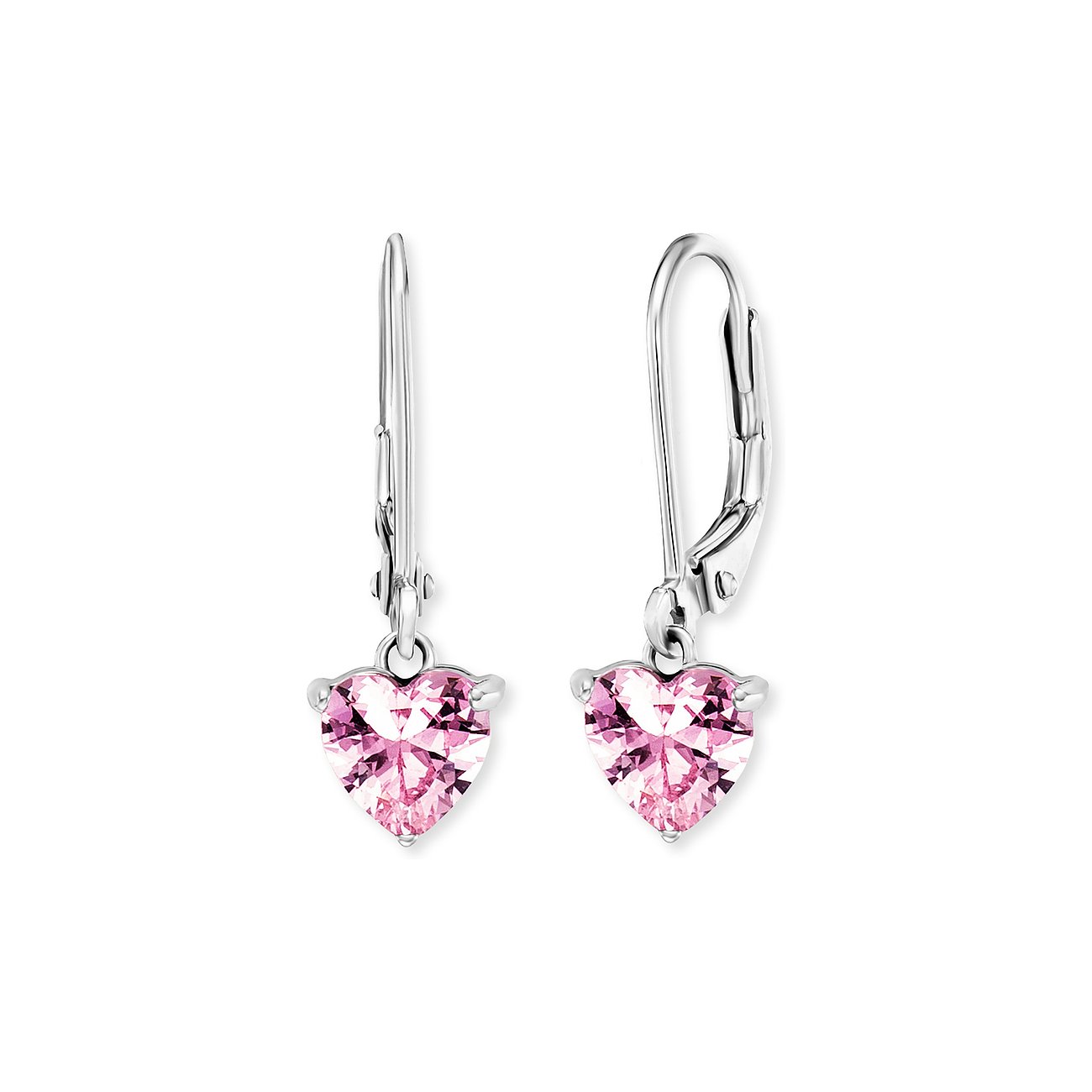 Engelsrufer Ohrschmuck aus Edelstahl mit herzförmigen, rosafarbenen Zirkonia-Steinen.