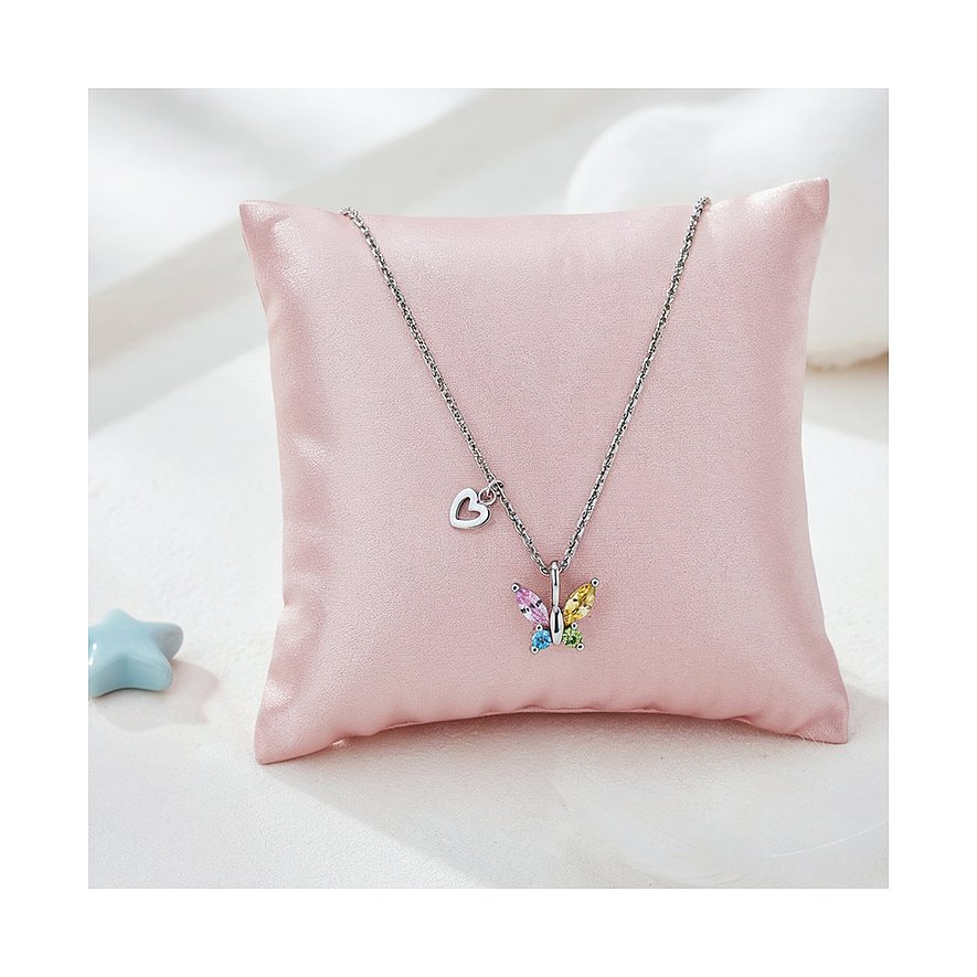 Engelsrufer Edelstahl-Halskette mit buntem Zirkonia-Schmetterlingsanhänger, auf rosa Kissen liegend.