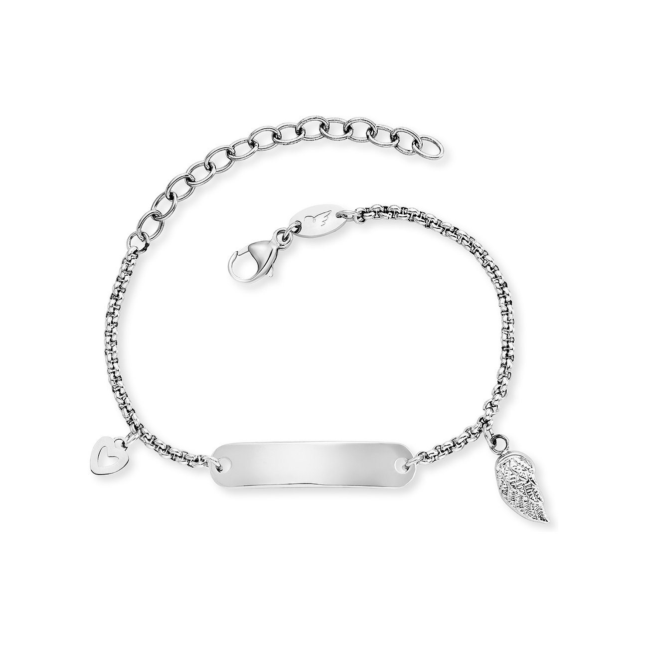 Engelsrufer Armband aus Edelstahl mit einer gravierbaren Plakette, einem kleinen Herz und einem Flügelanhänger.