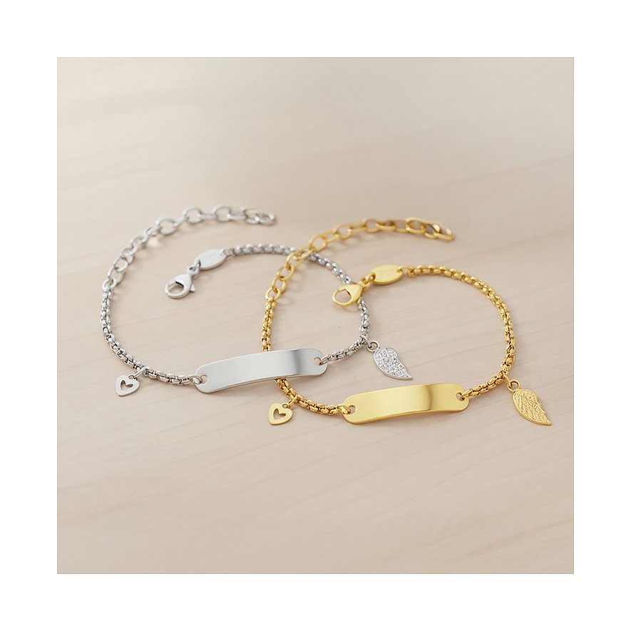 Zwei Engelsrufer Edelstahl-Armbänder (silber/gold) mit Plakette und Engelsflügel-Anhängern im Vordergrund.