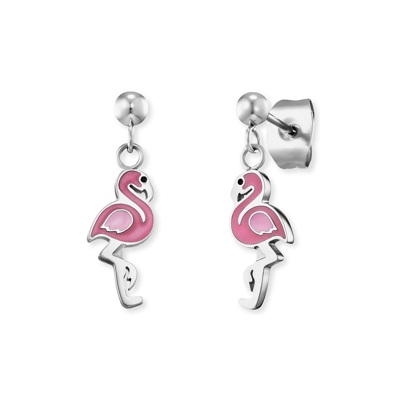 Engelsrufer Ohrschmuck aus Edelstahl, Flamenco-Ohrstecker in Flamingoform mit pinker Emaille.