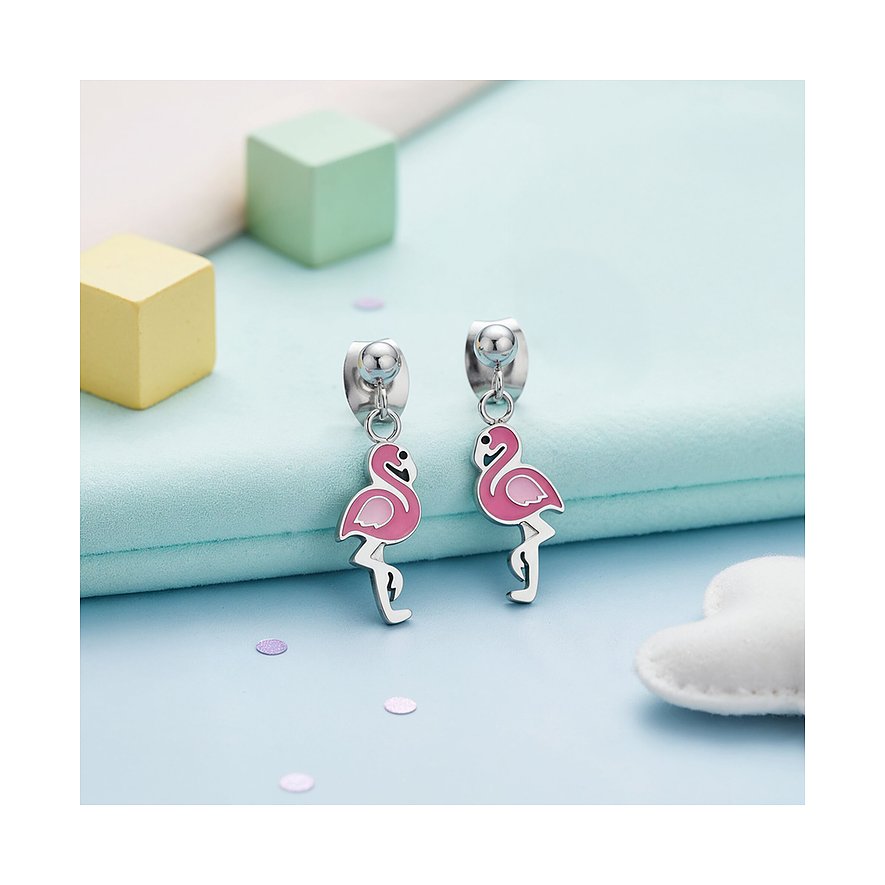 Engelsrufer Ohrschmuck aus Edelstahl mit pinker Emaille, zwei Flamingo-Anhänger von vorne.
