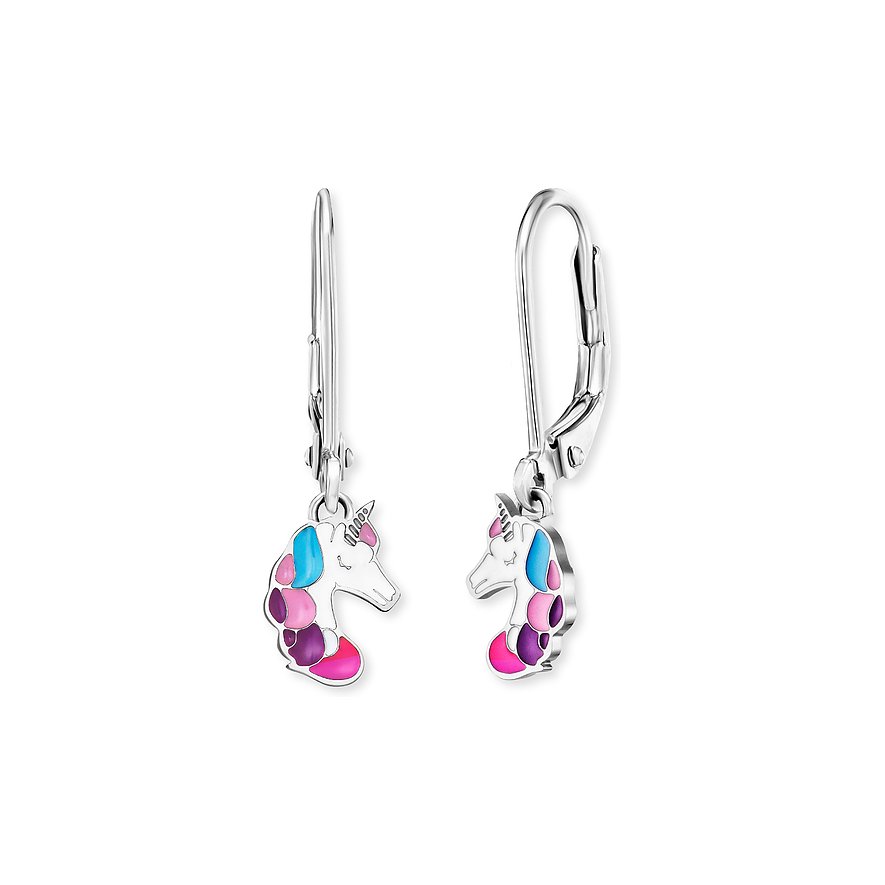 Engelsrufer örhängen i rostfritt stål med enhörningsmotiv i vitt och färgglad emalj, framifrån.