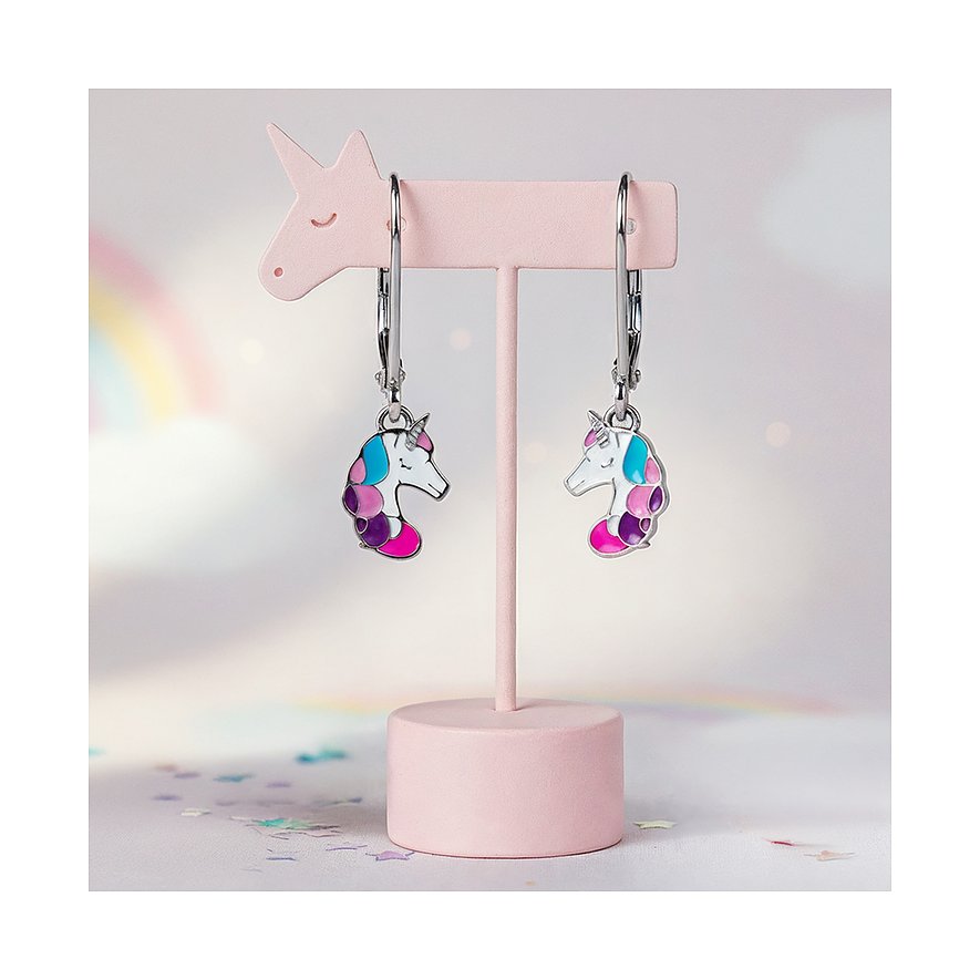 Engelsrufer örhängen i rostfritt stål och emalj, enhörningsmotiv i vitt, turkos, rosa på rosa ställ.