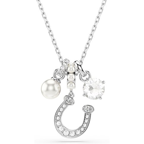 Swarovski metalen ketting met hoefijzerhanger, witte kristallen en een parel voor dames.