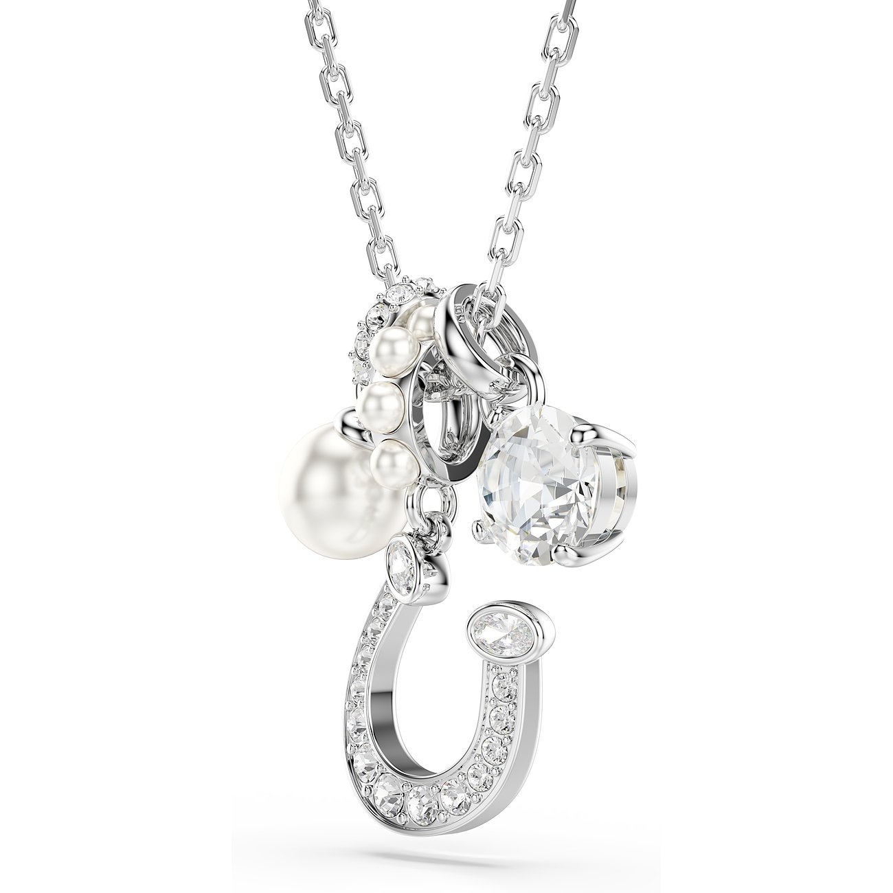 Swarovski Halskette aus Metall mit einem hufeisenförmigen Anhänger, besetzt mit klaren Swarovski-Kristallen und Perlen.