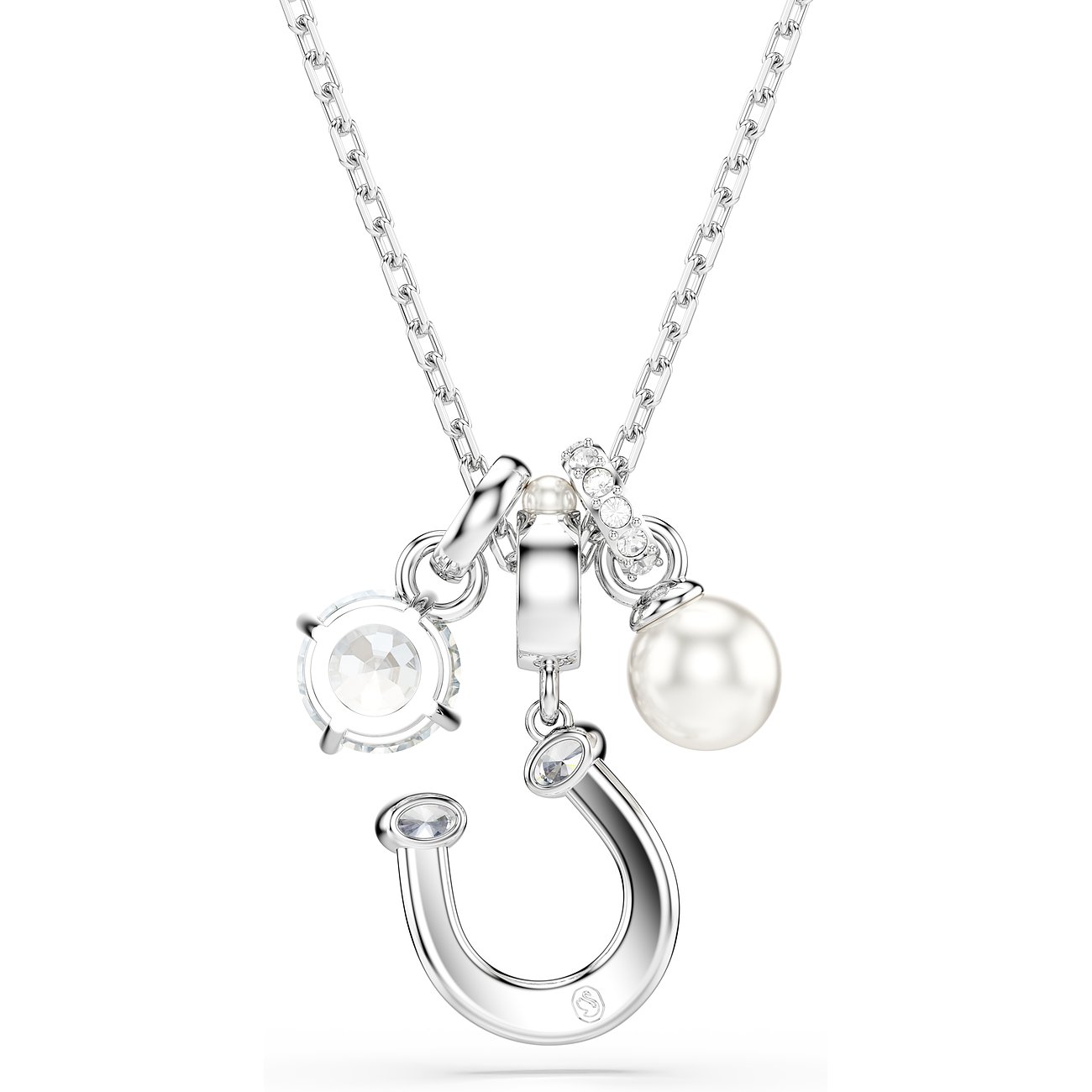 Swarovski Halskette aus Metall mit Hufeisen, klarem Swarovski-Kristall und Perlenanhängern.