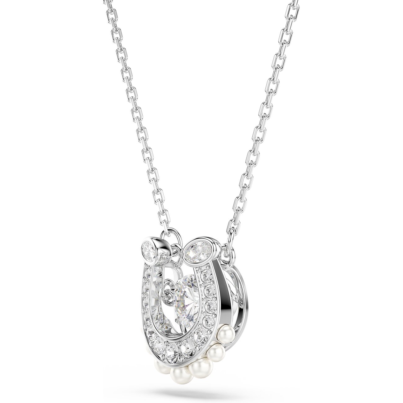 Swarovski Halskette aus Metall mit hufeisenförmigem Anhänger, verziert mit klaren Swarovski-Kristallen und kleinen Perlen.