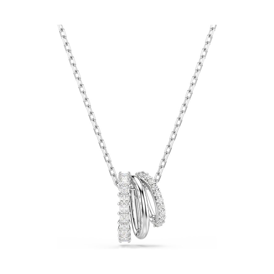 Swarovski Halskette: Metall mit drei ineinander verschlungenen Ringen, zwei davon besetzt mit funkelnden Swarovski-Kristallen.